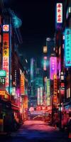 , Night scene of after rain city in cyberpunk style, futuristic nostalgic 80s, 90s. Neon lights vibrant colors, photorealistic vertical illustration. photo