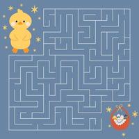 Maze game for kids. Cute chickens, ducklings looking for a way to the easter egg basket. Kawaii easter. Printable worksheet. Vector cartoon illustration for Orthodox easter.