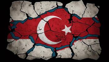 , earthquake in Turkey banner, Turkish flag on broken concrete, cracked ground. Catastrophic concept, calamity that struck this country photo