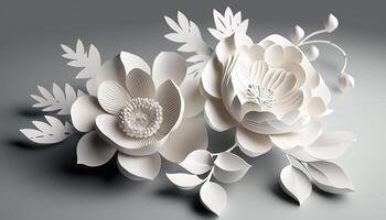 , Paper cut craft flowers and leaves, white color, floral origami textured background, spring mood. Photorealistic effect. photo