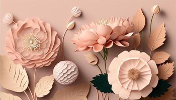 , Paper cut craft flowers and leaves, pastel beige and apricot colors, floral origami textured background, spring mood. Photorealistic effect. photo