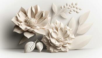 , Paper cut craft flowers and leaves, white color, floral origami textured background, spring mood. Photorealistic effect. photo