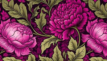 , Floral pattern. William Morris inspired natural plants and viva magenta peony flowers background, vintage illustration. Foliage ornament. photo