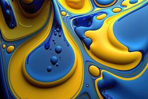 , Flowing liquid with splashes in blue and yellow color. Glossy Ukrainian flag fluid banner, 3D effect, modern macro photorealistic abstract background illustration. photo