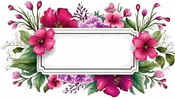 , Watercolor frame with spring viva magenta flowers, hand drawn art style with place for text. Greeting, birthday and other holiday, wedding invitation concept photo