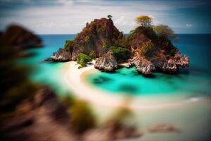 , Exotic beach landscape panorama, beautiful ocean view. Nature summer Illustration, photorealistic tilt shift horizontal banner, travel and vacation concept. photo