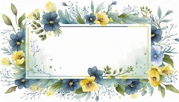 , Watercolor frame with spring blue and yellow flowers, hand drawn art style with place for text. Greeting, birthday and other holiday, wedding invitation concept photo