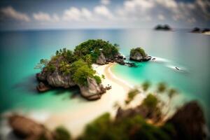 , Exotic beach landscape panorama, beautiful ocean view. Nature summer Illustration, photorealistic tilt shift horizontal banner, travel and vacation concept. photo