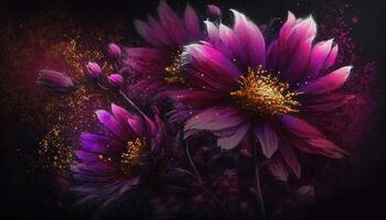 , Close up of blooming flowerbeds of amazing viva magenta flowers on dark moody floral textured background with golden particles. Photorealistic paint effect. photo