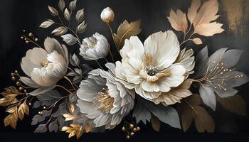 , Close up of blooming flowerbeds of amazing white and golden flowers on dark moody floral textured background. Photorealistic effect. photo