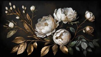 , Close up of blooming flowerbeds of amazing white and golden flowers on dark moody floral textured background. Photorealistic effect. photo