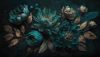 , Close up of blooming flowerbeds of amazing teal flowers on dark moody floral textured background. Photorealistic effect. photo