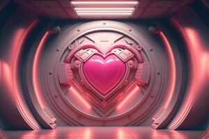 , Futuristic space ship room with pink heart in cyberpunk style illustration. Love, feelings, romantic St. Valentine's Day concept. Sci-fi, realistic 3d effect. photo