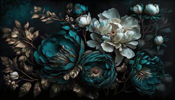 , Close up of blooming flowerbeds of amazing teal flowers on dark moody floral textured background. Photorealistic effect. photo