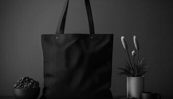 , Realistic black tote canvas fabric bag set-up in at home interior, mug mock up blank. photo