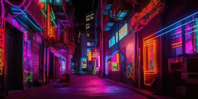 , Night scene of after rain city in cyberpunk style, futuristic nostalgic 80s, 90s. Neon lights vibrant colors, photorealistic horizontal illustration. photo