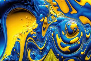 , Flowing liquid with splashes in blue and yellow color. Glossy Ukrainian flag fluid banner, 3D effect, modern macro photorealistic abstract background illustration. photo