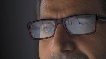 comerciante analizando cartas en valores mercado. subir en el valores mercado. gráficos reflejado en el lentes de el hombre acecho el valores mercado en el computadora. Cuidado rastreo y verde, rojo gráficos. video