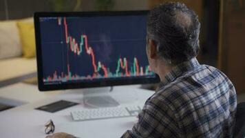 Stressed trader at home watching stock market on laptop and getting upset seeing falling chart candles. Unconscious investor buys and loses Loss stocks. Bitcoin and stock market trading concept. video