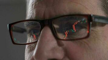 Trader analyzing charts, trading cryptocurrencies on online stock market. Graphics reflected in the glasses of the man watching the stock market on the computer. video