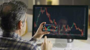 hombre buscando y analizando valores mercado datos. el comerciante mira y análisis el cartas en su computadora y teléfono. cepo y criptomoneda video