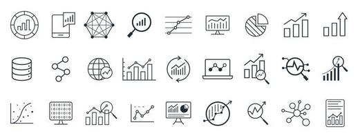 Set of Data Analysis, big data, Graphs, statistics, analytics, growth, chart, and research vector line icon.