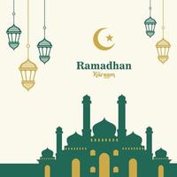 Flat design Ramadan Kareem with decorative lantern and mosque vector