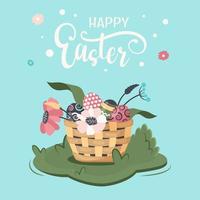 Happy Easter greeting card with hand draw text. Festive dyed eggs in wicker straw basket. Spring landscape with wildflowers, leaves. Vector cartoon illustration for holiday poster, banner
