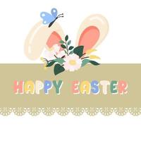 Happy Easter greeting card with colourful text. Cute bunny ears with wildfloral wreath on head, butterfly. Vector cartoon flat illustration for religious holiday, banner, poster