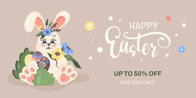 Easter sale banner. Cute bunny holding Easter eggs. Vector cartoon illustration for religious holiday, promotion poster, invitation, advertising template. Special offer concept. Vector illustration