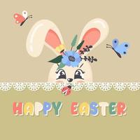 Happy Easter greeting card. Cute bunny face with wildfloral wreath on head, ladybug, butterfly. Vector cartoon flat illustration for religious holiday, banner, poster