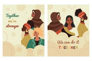 Set of Feminist movement card. International Day of Feminism. Womens of different nationalities together. Women empowerment, diversity, gender equality concept. Vector illustration for Women's day