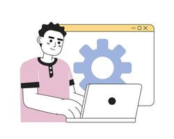 Web developer job line concept vector spot illustration. Editable 2D flat cartoon character on white for web design. Man working on laptop creative lineart idea for website, mobile, blog