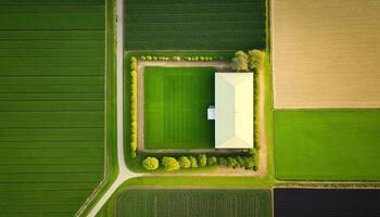 generativo ai, granja paisaje, agrícola campos, hermosa campo, país la carretera. naturaleza ilustración, fotorrealista parte superior ver zumbido, horizontal bandera. foto