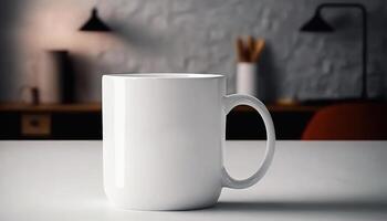 , Realistic white ceramic cup set-up in at home interior, mug mock up blank. Photorealistic illustration photo