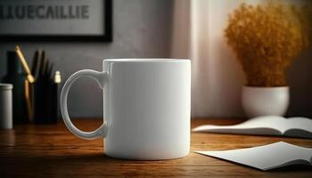 , Realistic white ceramic cup set-up in at home interior, mug mock up blank. Photorealistic illustration photo