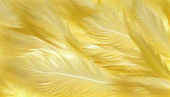 , Beautiful light yellow closeup feathers, photorealistic background. Small fluffy yellow feathers randomly scattered forming photo