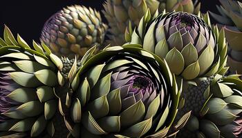 , Artichoke macro photorealistic illustration, agricultural vegetable. Nature organic healthy farm food concept, many artichokes as background. photo