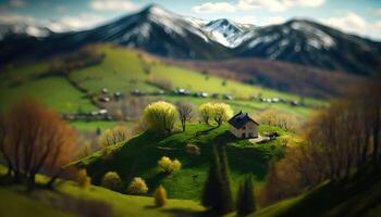 , Mountains spring green landscape, houses, trees, road, beautiful countryside. Nature Illustration, photorealistic tilt shift horizontal banner. photo