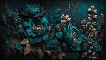 , Close up of blooming flowerbeds of amazing teal flowers on dark moody floral textured background. Photorealistic effect. photo