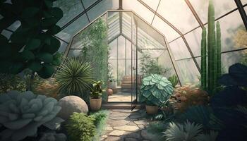 , Green house from the glass, tent-glass garden with a lot of plants. Photorealistic effect. photo