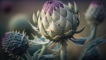 , Artichoke macro photorealistic illustration, agricultural vegetable. Nature organic healthy farm food concept, horizontal banner. photo