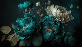 , Close up of blooming flowerbeds of amazing teal flowers on dark moody floral textured background. Photorealistic effect. photo
