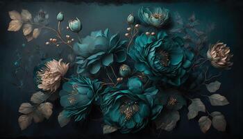 , Close up of blooming flowerbeds of amazing teal flowers on dark moody floral textured background. Photorealistic effect. photo