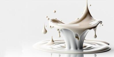 , Flowing liquid with splashes in white color. Glossy cream milk fluid banner, 3D effect, modern macro photorealistic abstract background illustration. photo