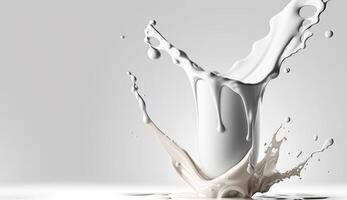 , Flowing liquid with splashes in white color. Glossy cream milk fluid banner, 3D effect, modern macro photorealistic abstract background illustration. photo