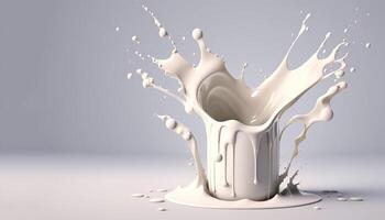 , Flowing liquid with splashes in white color. Glossy creamy milk fluid banner, 3D effect, modern macro photorealistic abstract background illustration. photo