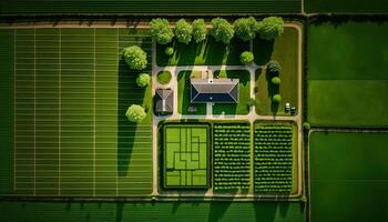 , Farm landscape, agricultural fields, beautiful countryside, country road. Nature Illustration, photorealistic top view drone, horizontal banner. photo