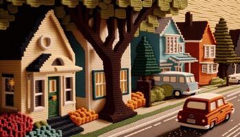 , cute street made of crochet, houses, trees, road, cars. Soft colors, dreamy scene cityscape made of crochet materials, wool, fabric, yarn, sewing for background photo