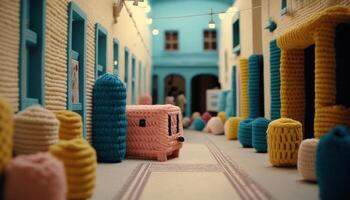 , cute street made of crochet, houses, trees, road, cars. Soft colors, dreamy scene cityscape made of crochet materials, wool, fabric, yarn, sewing for background photo